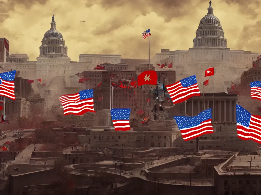 Image similar to landscape matte painting of a communist american state capital showing the triumph of communism in america, socialist american state flags, socialist statues, digital painting, modern city scape, conflict, camaraderie, sacrifice, hope, highly detailed, 4 k, artstation, photorealistic, architecture