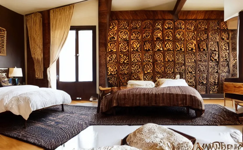 Image similar to an african themed luxurious bedroom, dark brown walls, wooden tribal masks on the wall, king size bed, beige, dark colors, artificial waterfall on the wall, chique, luxurious, elegant, walnut wood, cinnamon, tribal art, patterns, modernist, oriental