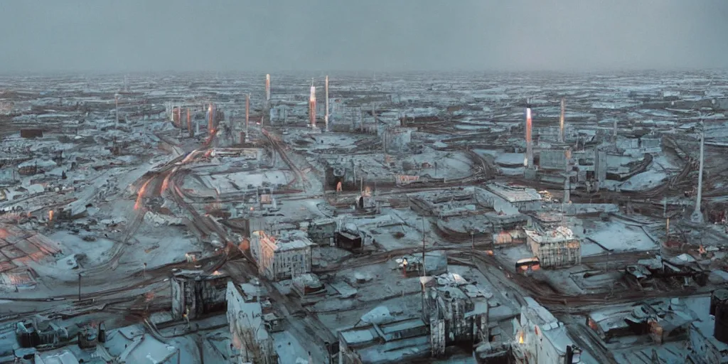 Image similar to cinematic shot of norilsk russian orbit city cityscape, telephoto, iconic scene from the paranoid thriller sci fi film directed by stanley kubrick, anamorphic cinematography, beautiful composition, color theory, leading lines, photorealistic, moody volumetric lighting