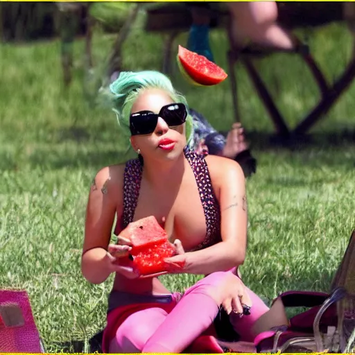 Prompt: lady gaga eating watermelon sitting on the streen, flies flying around