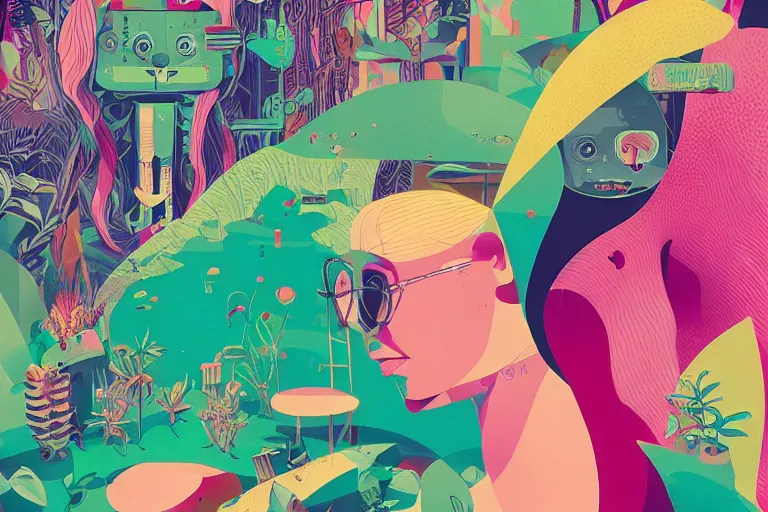 Image similar to gigantic girl faces, tiny robots, a lot of exotic vegetation around, risograph!, colorful flat surreal design, super - detailed, a lot of tiny details, fullshot, by luigi serafini