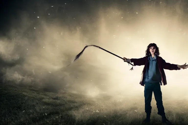 Image similar to a young adult wizard with very realistic face and hair points their wand from which a blast of bright magic flies from the end, on an empty moonlit hill, dramatic lighting, lens flare, cinematic photography