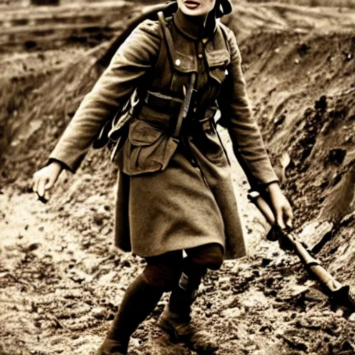 Prompt: Margot robbie as a soldier, ww1 trench, war photo, film grain