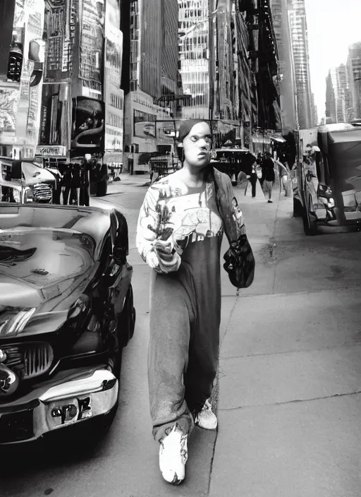 Image similar to tough looking person with piercings walking down the street in New York. younger man, sweat suit, punk rocker, award winning photography, high detail, photography by Annie Leibovitz, Ansel Adams, Mary Ellen Mark