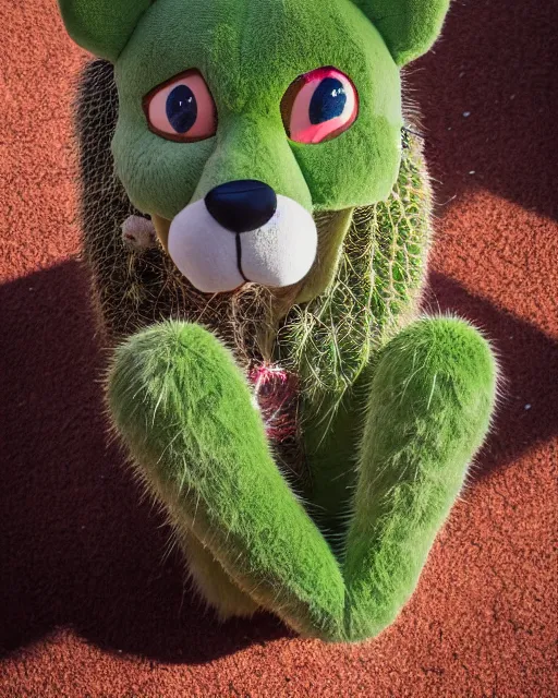 Prompt: portrait photo headshot still of a fursuit, 8 k, 8 5 mm f 1. 8, fursuit, made fur you, don't hug cacti