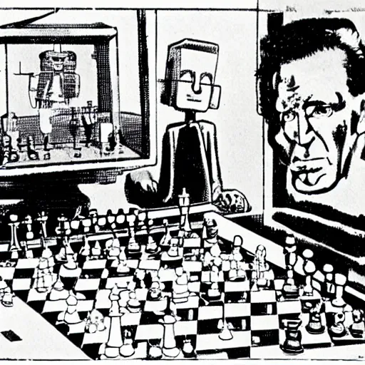 Prompt: ludwig wittgenstein and a humanoid robot playing chess, comic panel