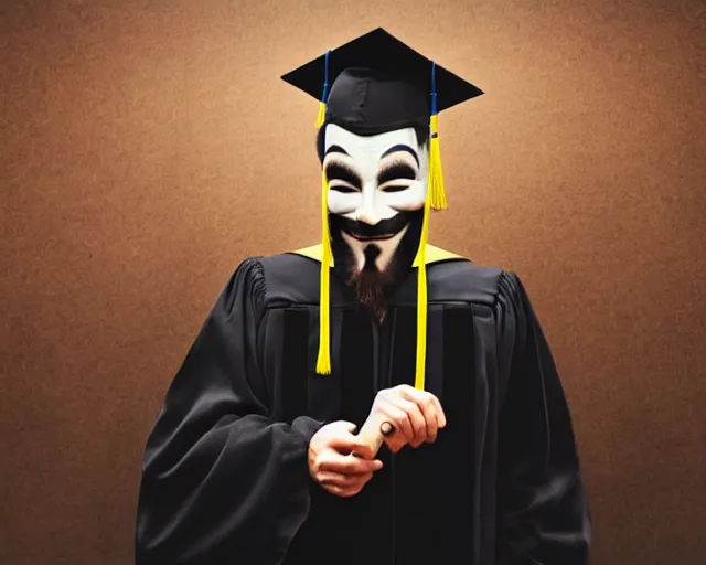 Prompt: man wearing guy fawkes mask accepts award, university graduation pose, photo, cinematic lighting