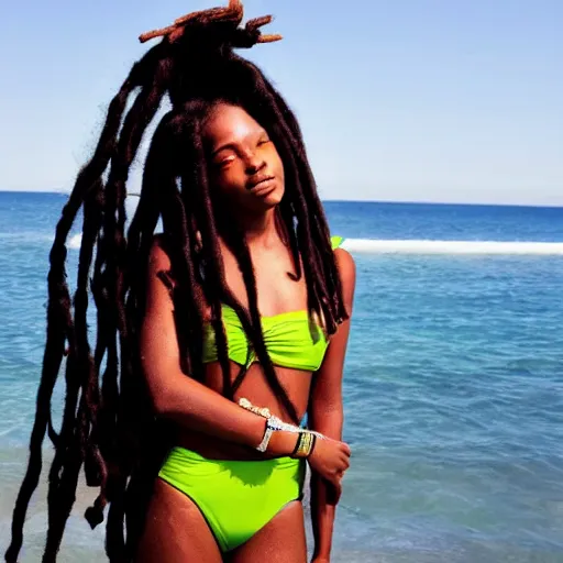 Prompt: stunning Rastafarian girl with long dreadlocks in a swimsuit by the ocean