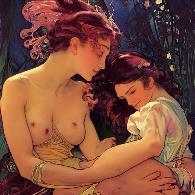 Image similar to an aesthetic! detailed portrait of an aesthetic woman crying mournfully while cradling a child, by frank frazetta and alphonse mucha, oil on canvas, bright colors, art nouveau, epic composition, dungeons and dragons fantasy art, hd, god - rays, ray - tracing, crisp contour - lines, huhd - 8 k