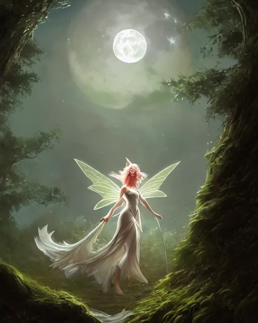 Image similar to attractive fairy goddness fly high in the night, d & d, fantasy, mist, full moon in background, trees, hyper detailed, art by artgerm and greg rutkowski and magali villeneuve, midium shot, 8 k realistic, cryengine, digital painting, trending on artstation, concept art, sharp focus, illustration,