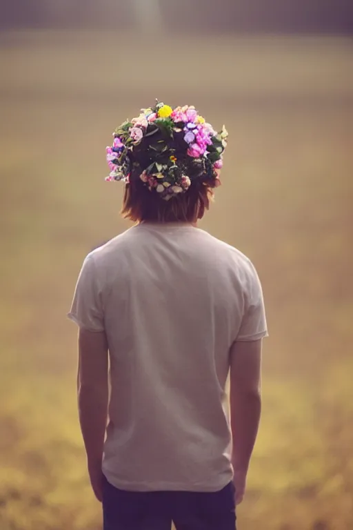 Image similar to agfa vista 4 0 0 photograph of a skinny blonde guy standing in a spotlight in a dark field, flower crown, back view, grain, moody lighting, moody vibe, telephoto, 9 0 s vibe, blurry background, vaporwave colors!, faded!,