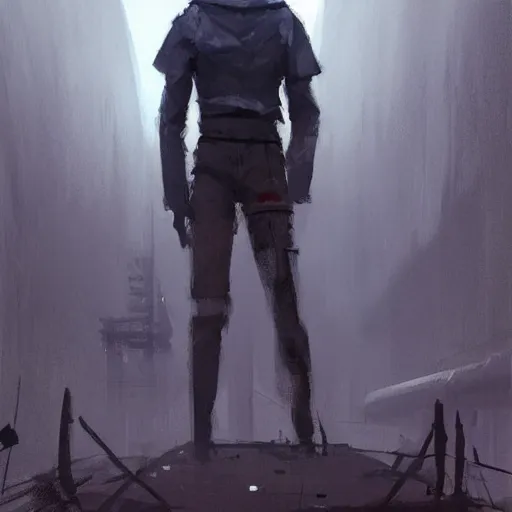 Image similar to concept art by greg rutkowski, a very tall and slender young man, dressed in patient clothes and an open sweatshirt, wandering through the desolate, futuristic, brutalist interior of a space colony, depressing atmosphere, low lighting, scifi, highly detailed portrait, digital painting, artstation, concept art, smooth, sharp foccus ilustration, artstation hq