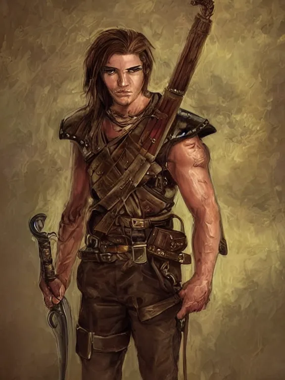 Prompt: thomas serpentwind, solo male weary soldier, young adult, very long! brown hair, golden eyes, ruddy rugged red skin, muscular!, leather armor, shortsword, clear symmetrical eyes, a male dnd fighter's portrait, clear eyed, realistic, by brian patterson and rhads!!!, palette knife background
