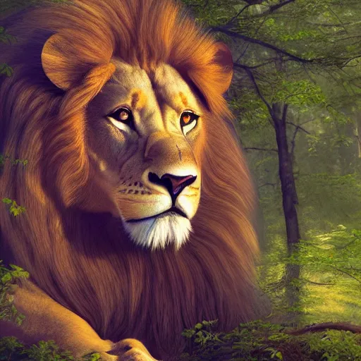 Image similar to A beautiful detailed painting of a lion with the face and wings of an eagle in a magical forest, ray traced sun light, by john sargent and Kalin Popov , Trending on artstation HD.