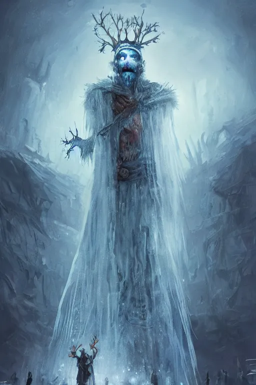 Image similar to frozen zombie man with a crown, eyes glowing blue, saling ship in the background, is at dawn and bluish, fantasy, intricate, elegant, digital painting, highly detailed, artstation, sharp focus, illustration, concept art, ruan jia, steve mccurry