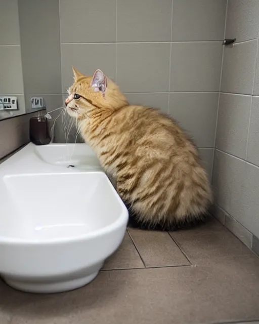 Image similar to Wide view of a Fluffy cat drinking water from a bathroom sink