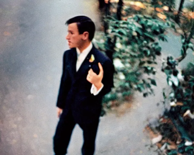 Image similar to a lomographic photo of very confident man in formal cloth, year 1 9 7 0, cinestill, bokeh