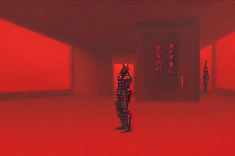 Image similar to only with red, a red cyborg samurai, tokio futuristic in background, some evil yokai fight, in the style of beksinski, parts by edward hopper, parts by rodcenko, parts by yue minjun, intricate and epic composition, red by caravaggio, insanely quality, highly detailed, masterpiece, red light, artstation, 4 k