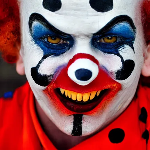 Prompt: An extreme close up photograph of a clown's painted face