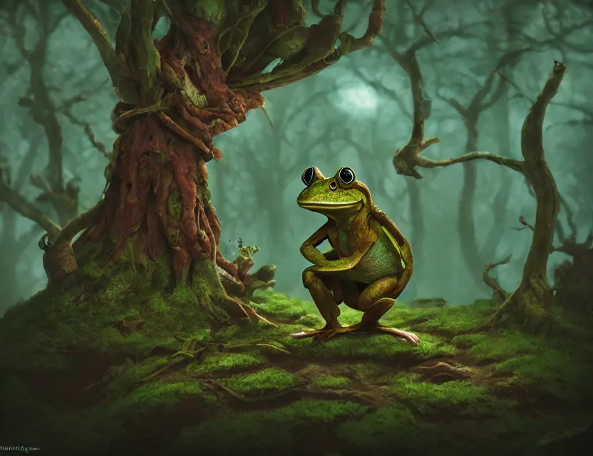 Image similar to frogfolk alchemist in the lichen woods. muted complementary colors, indie concept art, luminescent, 4 k, chiaroscuro, rimlight.