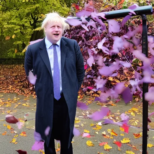 Image similar to I was standing alone in my old school playground Purple leaves blowing everywhere All my teeth started falling out And Boris Johnson was standing there