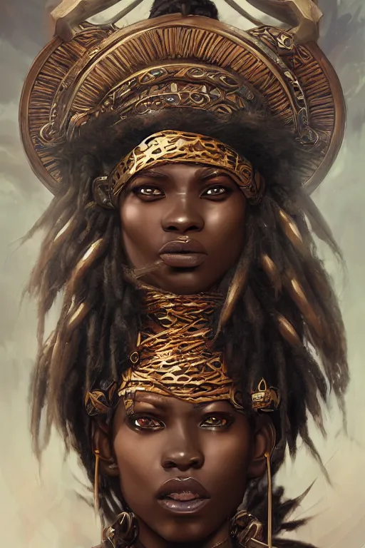 Image similar to ogun, African warrior deity, ancestral hunter God, cinematic mid portrait , digital illustration, octane render trending on arstation by artgerm, raphaelite and mucha