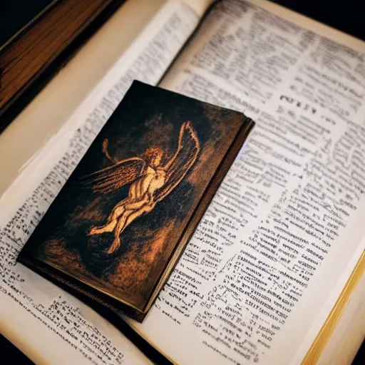 Prompt: a medium shot of a book sitting on a crowed desk, the book is closed, the cover is illustrated with a picture of icarus, beside the book is an ancient scroll, dark, single light, vignette, magic, fantasy, 4 k