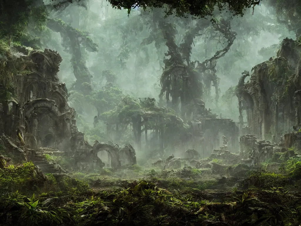 Prompt: hyper realistic photo of an ancient ruined temple of a monster elder god in the jungle, cinematic, rule of thirds, artstation, cgsociety