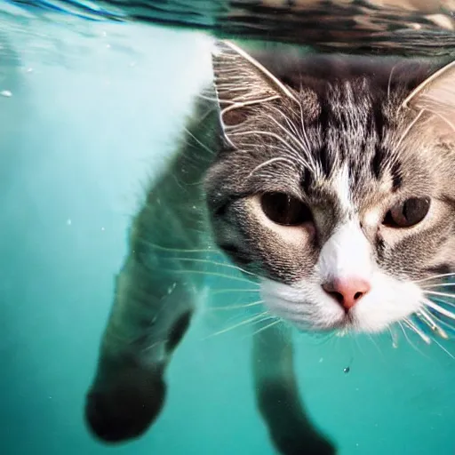 Prompt: cat wearing a diving mask underwater on a swimming pool