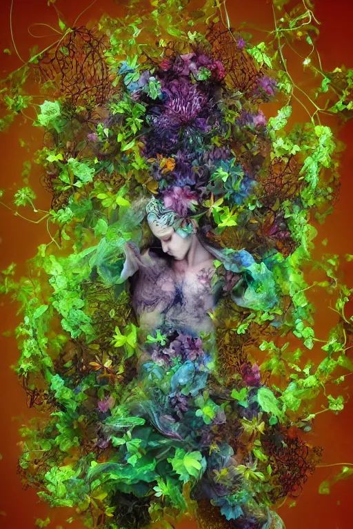 Prompt: vines and flowers forming a figure of a wolf in a bioluminescent forest by małgorzata kmiec and alberto seveso, beautiful, ethereal, 3 d