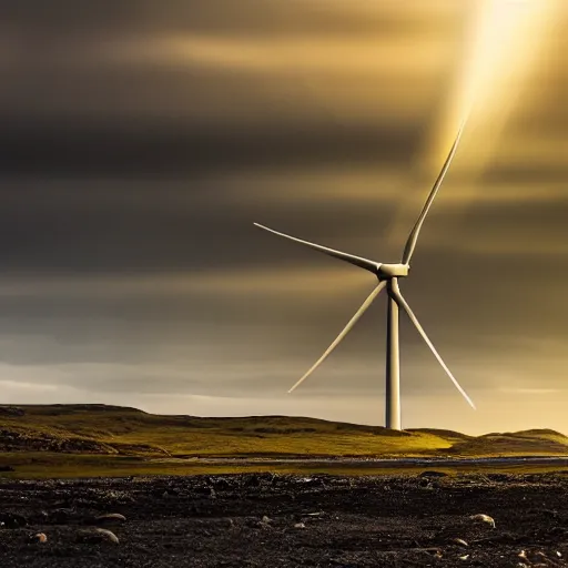 Prompt: humongous wind-turbine in the distance, by Greg Rutkowski, iceland landscape, golden hour, dramatic lighting, epic, gargantuan, intricate detail, 4k, 8k