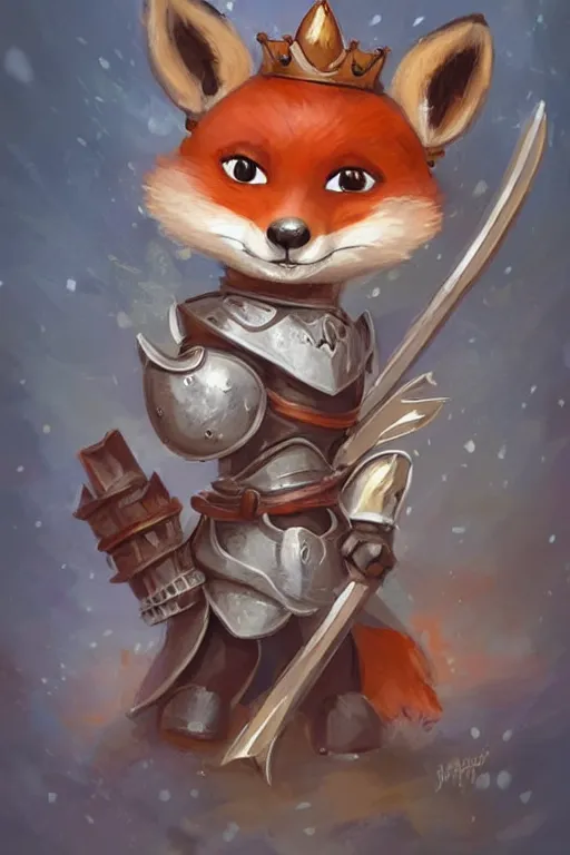 Image similar to cute little anthropomorphic foxy knight wearing a cape and a crown, tiny, small, miniature fox, baby animal, short, pale blue armor, cute and adorable, pretty, beautiful, DnD character art portrait, matte fantasy painting, DeviantArt Artstation, by Jason Felix by Steve Argyle by Tyler Jacobson by Peter Mohrbacher, cinematic lighting