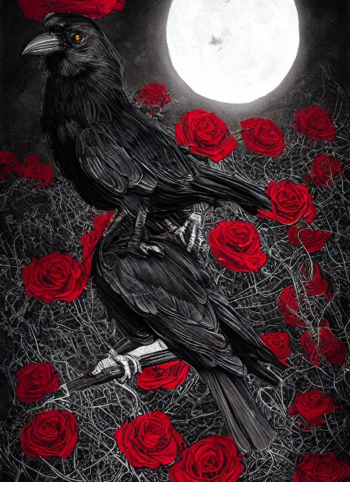 Image similar to portrait, A crow with red eyes in front of the full big moon, book cover, red roses, red white black colors, establishing shot, extremly high detail, foto realistic, cinematic lighting, pen and ink, intricate line drawings, by Yoshitaka Amano, Ruan Jia, Kentaro Miura, Artgerm, post processed, concept art, artstation, matte painting, style by eddie mendoza, raphael lacoste, alex ross