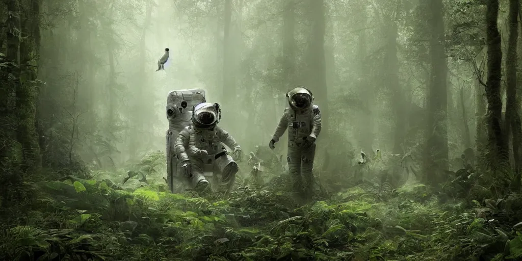 Image similar to an astronaut comes across a strange creature in a forest, a detailed matte painting by frieke janssens, featured on cgsociety, fantasy art, matte painting, reimagined by industrial light and magic, matte drawing