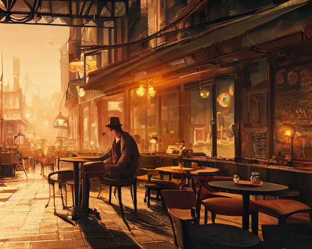 Prompt: a man sitting at a table in a cozy relaxed cafe, looking out at the bustling underbelly of a thriving steampunk city by james paick, trending on cgsociety, unreal engine, 4 k wallpaper