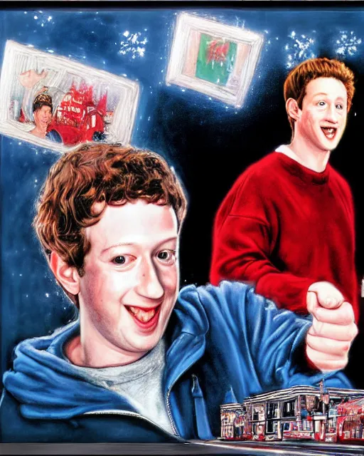 Prompt: mark zuckerberg as kevinin in home alone, airbrush, drew struzan illustration art, key art, movie poster