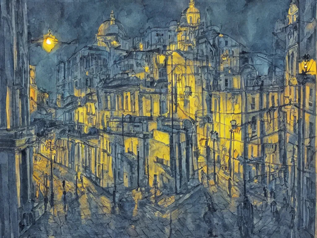 Prompt: lisbon city at night, art in the style of fernando calhau