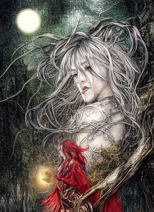 Image similar to glowing silver and golden elements, full close-up portrait, A beautiful dark witch in front of the full big moon, book cover, green forest, red white black colors, establishing shot, extremly high detail, foto realistic, cinematic lighting, pen and ink, intricate line drawings, by Yoshitaka Amano, Ruan Jia, Kentaro Miura, Artgerm, post processed, concept art, artstation, matte painting, style by eddie, raphael lacoste, alex ross