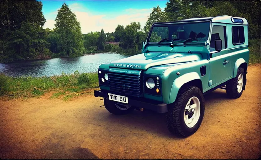 Prompt: “Blue Land Rover Defender in Porvoo in front of river. In the style of GTA 5.”