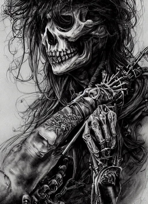 Image similar to portrait, Long haired biker skeleton in a wheelchair, has tattoos, watercolor, dramatic lighting, cinematic, establishing shot, extremely high detail, foto realistic, cinematic lighting, pen and ink, intricate line drawings, by Yoshitaka Amano, Ruan Jia, Kentaro Miura, Artgerm, post processed, concept art, artstation, matte painting, style by eddie mendoza, raphael lacoste, alex ross