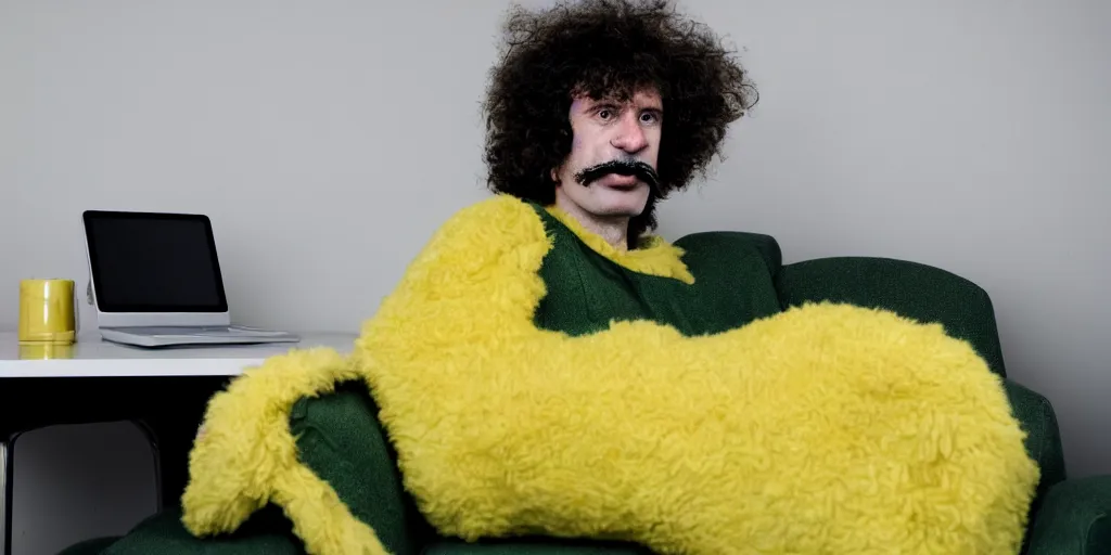 Image similar to french white man with puffy hair, mustache and a green sitting on a black chair in his room looking at the camera, photorealistic, webcam, yellow lightning