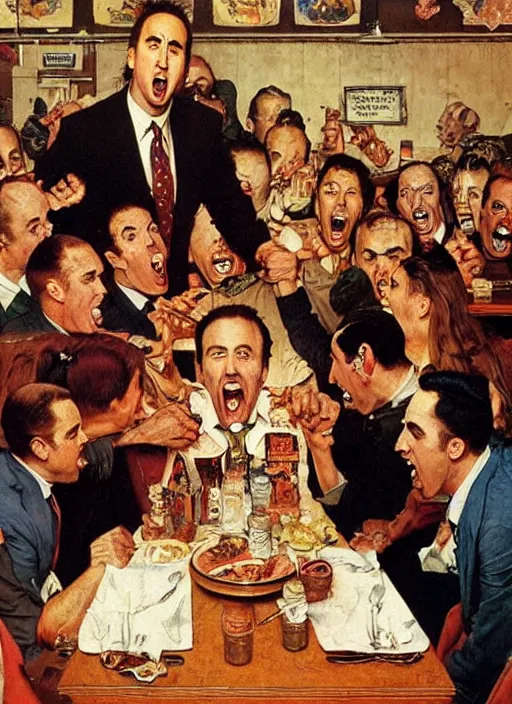 Image similar to full body and head portrait of nicholas cage screaming about crazy evil in a restaurant as everyone else looks puzzled, painted by norman rockwell and tom lovell and frank schoonover