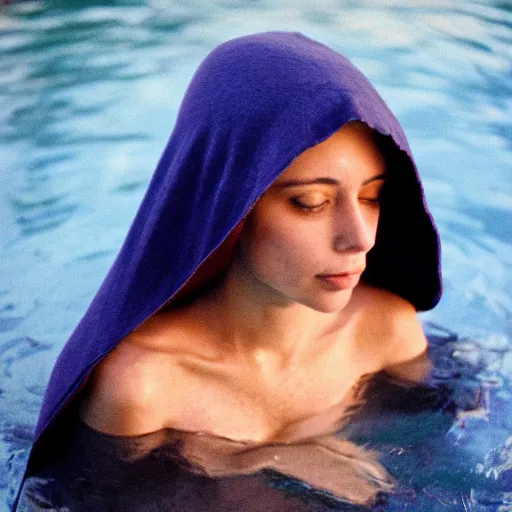 Image similar to woman in hooded cloak standing in a pool, kodak vision3 500t