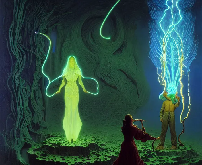 Prompt: the female arcanist and the male artificer by albert bierstadt and gerald brom and zdzisław beksinski and james gilleard, highly detailed, hyperrealistic, intricate, floating metallic objects, energy, electricity, blue flames, low light, glowing green crystals, high contrast