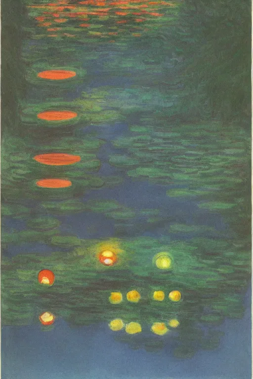 Image similar to cinematic aerial view of decorated surrealist lake garden at night by Edward Hopper and Claude Monet, garden lit by floating shoji lamps, Japanese 1920s art deco backyard design by Katsuhiro Otomo, the moon reflects in the water, the moon casts long exaggerated shadows, blue hour, hyper-detailed watercolor and pen illustration by Syd Mead and byJean Giraud, aerial view