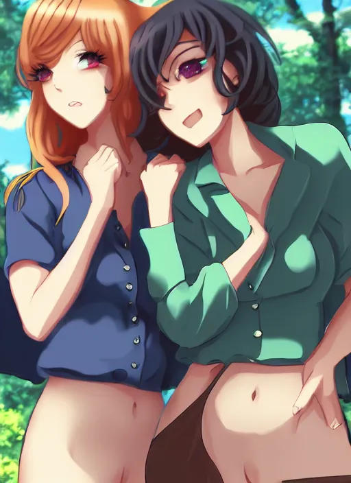 Prompt: two beautiful mothers taunting each other, in spring clothes, gorgeous faces, smooth, thick lines, cinematic lighting, detailed anime art