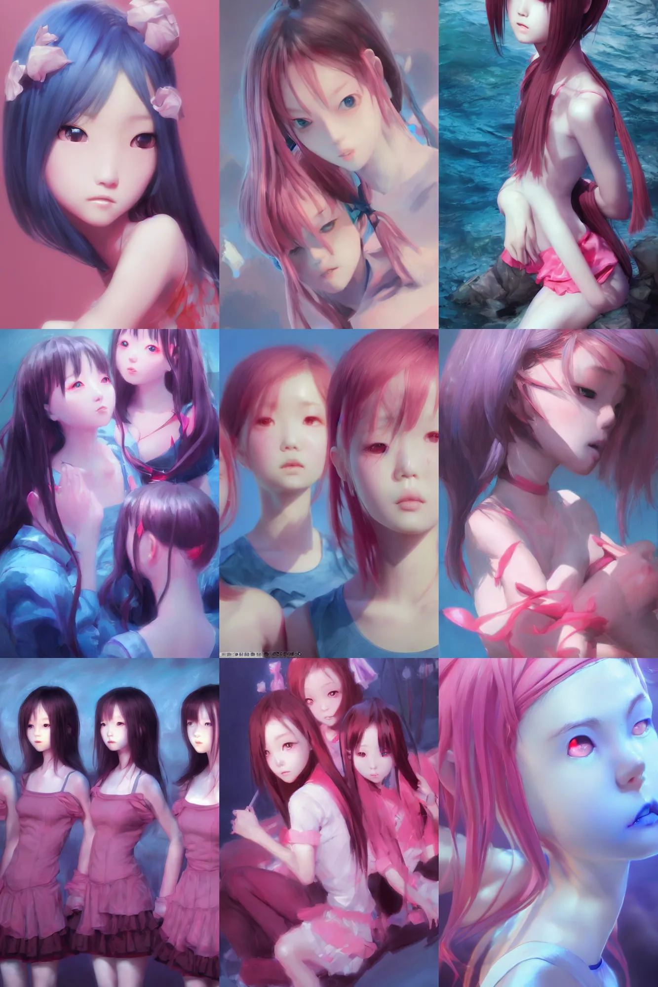 Image similar to 3d dark infrared octane render concept art by D. Jun, by Mo Xiang Tong Xiu, by Igarashi Daisuke, beauty portrait anime schoolgirls under dark pink and blue water. cute sad face. dramatic deep light, trending on artstation, oil painting.