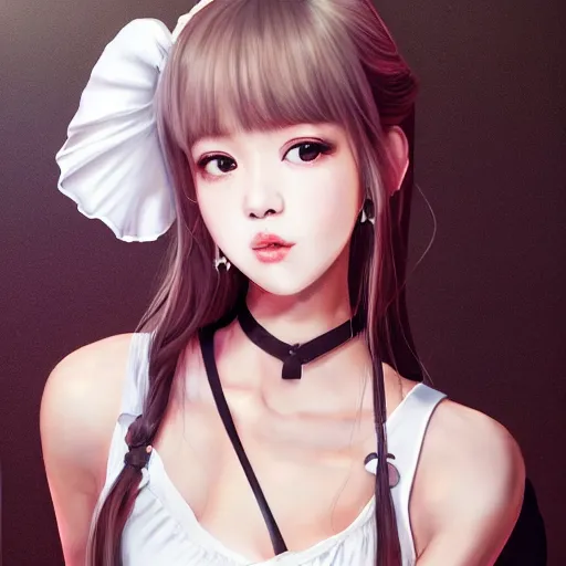 Prompt: realistic detailed semirealism beautiful gorgeous cute Blackpink Lalisa Manoban wearing white camisole white lingerie outfit maid costume, black hair black cat ears, black leather choker, large chests size, proportional body, WLOP, Aztodio, Taejune Kim, Pixiv, Instagram, Artstation