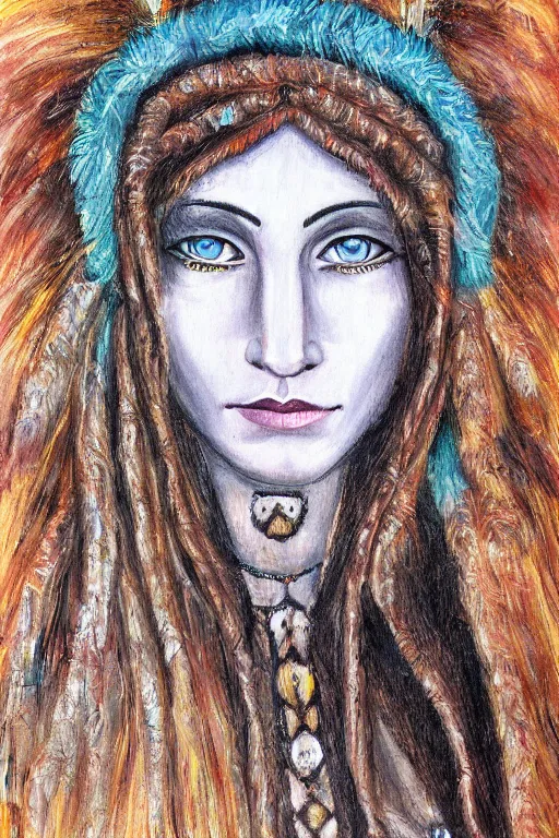 Prompt: portrait of maria lionza, blue eyed native goddess by papaninja