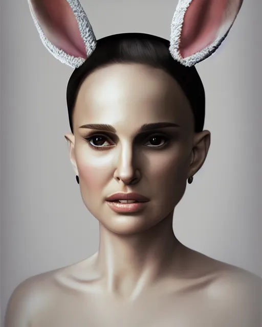 Image similar to Natalie Portman, wearing rabbit ears headband, very detailed portrait, ultrarealistic, dramatic lighting, electrical details, high details, 4k, 8k, best, accurate, trending on artstation, fur, artstation, photorealism, ultrarealistic, digital painting, style of Dali, Caravaggio, Boris Vallejo